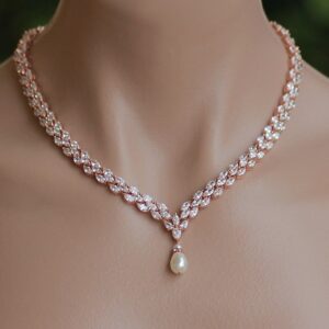 Rose Gold Crystal Bridal Necklace with Teardrop Pearl Pendant