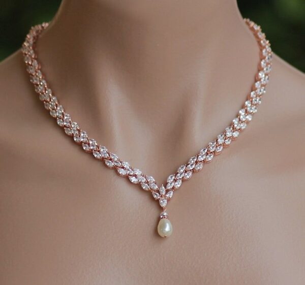 Rose Gold Crystal Bridal Necklace with Teardrop Pearl Pendant