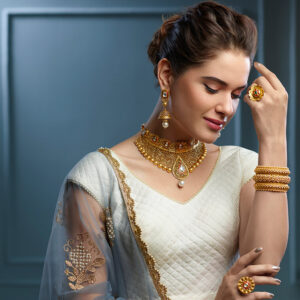Royal Gold-Plated Bridal Jewelry Set – Choker Necklace, Jhumkas, Bangles & Ring